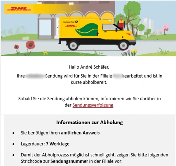 DHL-Info, dass die Sendung endlich angekommen ist.
