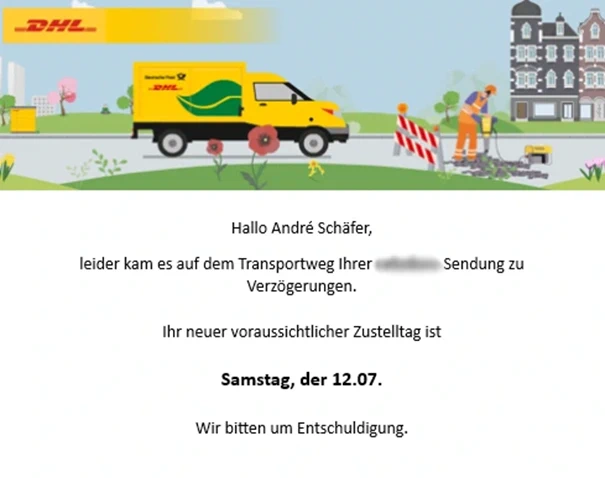 DHL informiert über Verzögerungen an denen der Empfänger schuld sein soll.
