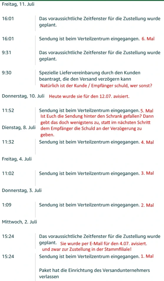 DHL Zustellverlauf - Die Sendung ist 6 Mal im Verteilerzentrum eingegangen...